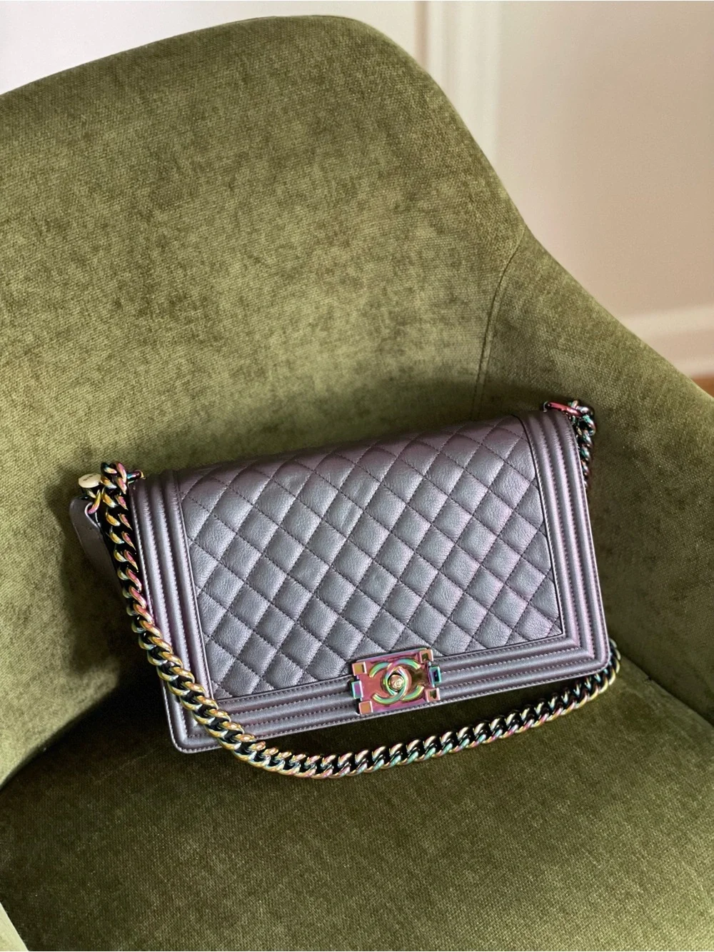CHANEL Iridescent Mermaid Lavender Quilted boy Bag with Rainbow Chain